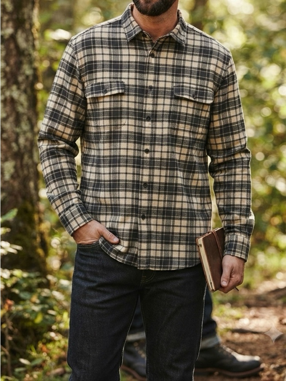 Men's Jachs Black and Cream Plaid Flannel Shirt-2XL
